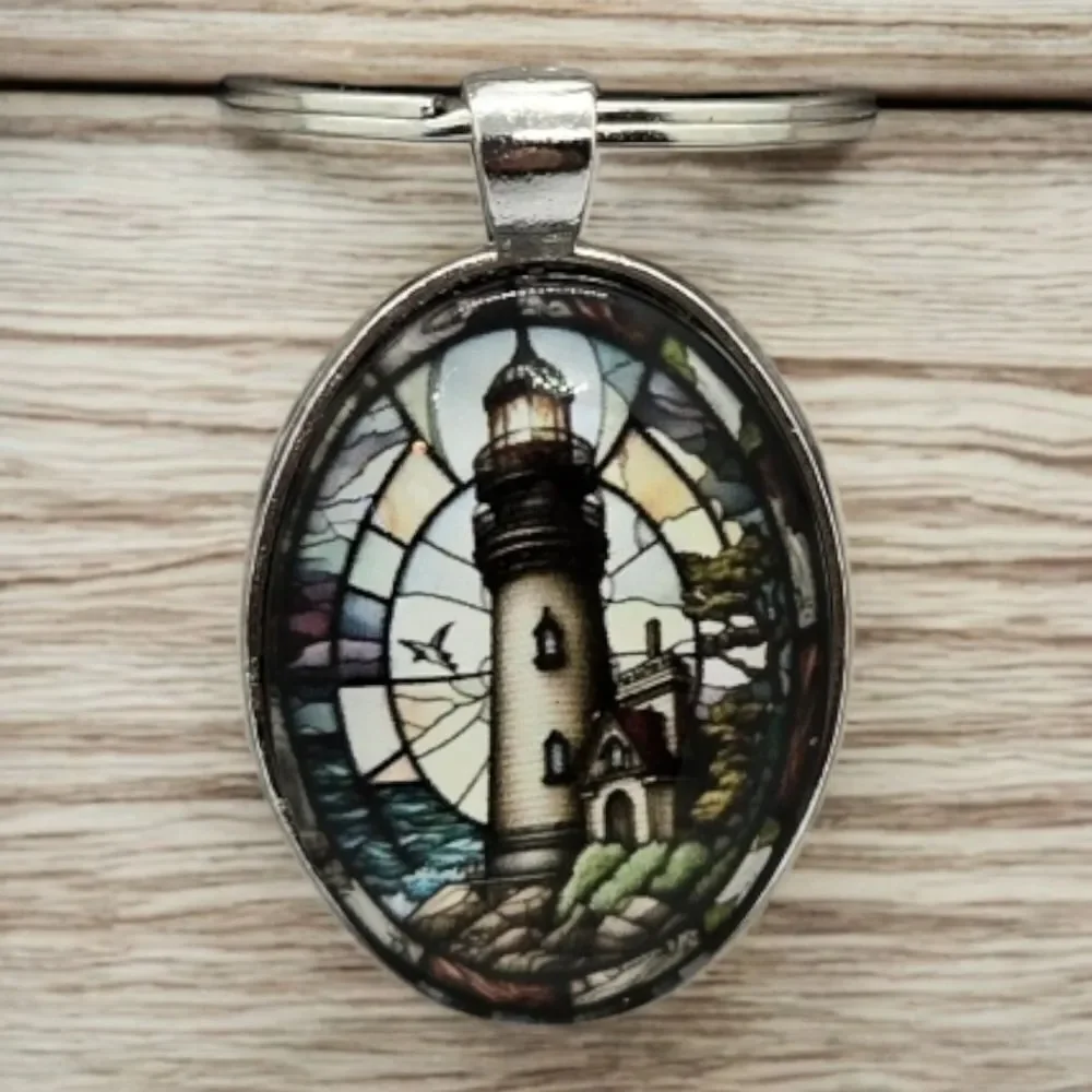 Lighthouse Cabochon Keyring Stained Glass Keychain Key Ring Bag Accessory Chain